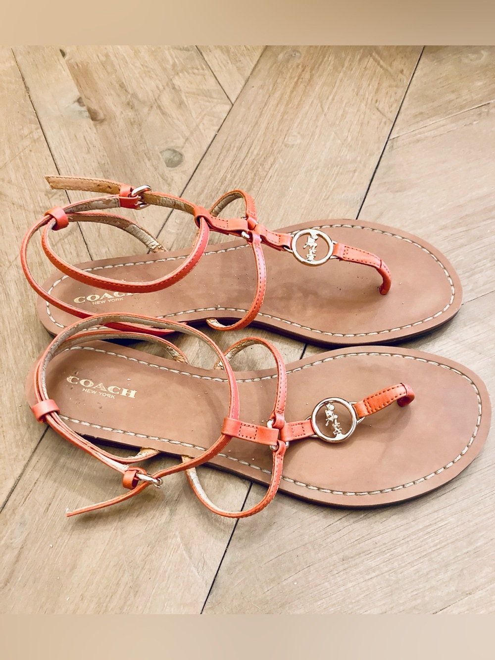 Coach Cicily T-Strap Orange Leather Sandals with Gold Accent - Picture 5 of 7